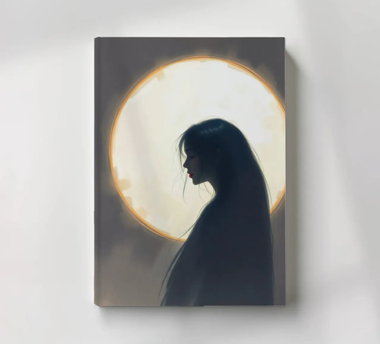 Silhouette of a woman with long hair against a full moon notebook by DesignDoodle