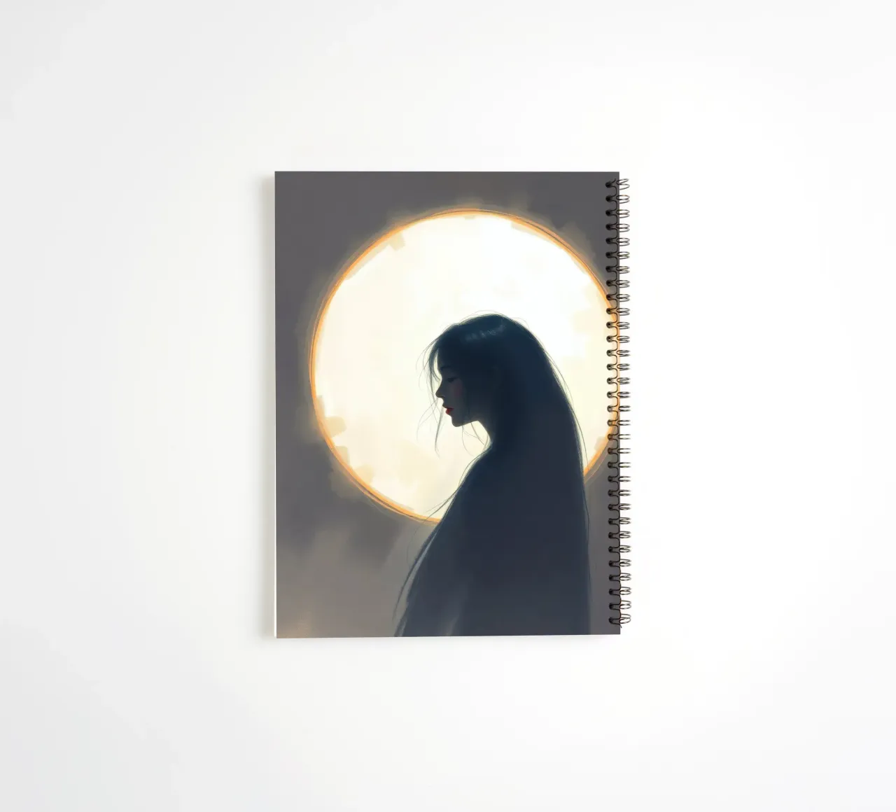 Silhouette of a woman with long hair against a full moon spiral notebook by DesignDoodle