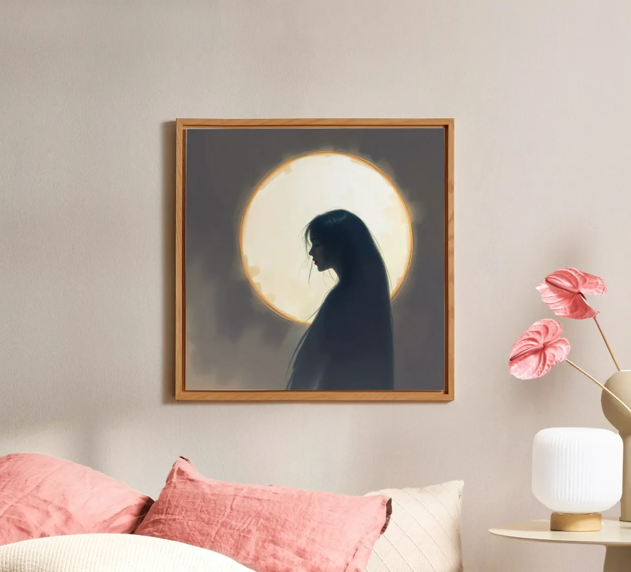 Silhouette di una donna con i capelli lunghi con la luna piena alluminio dibond da DesignDoodle