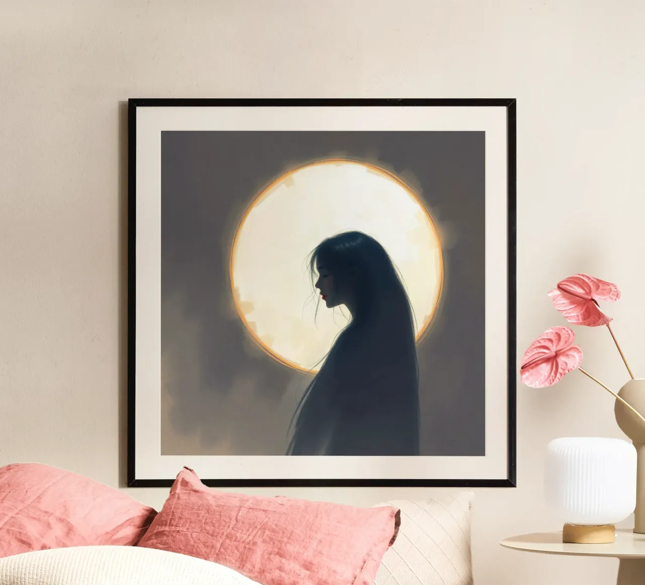 Silhouette of a woman with long hair against a full moon hahnemühle by DesignDoodle