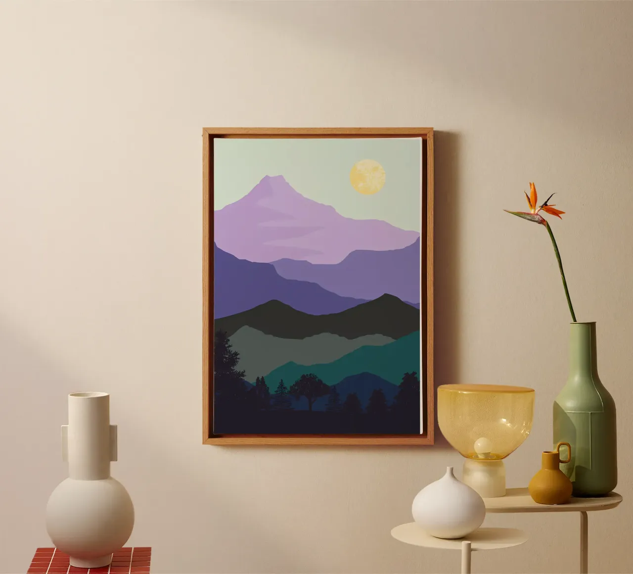 berg maan bomen nacht silhouet canvas met Baklijst van Dale Edward YoungJr