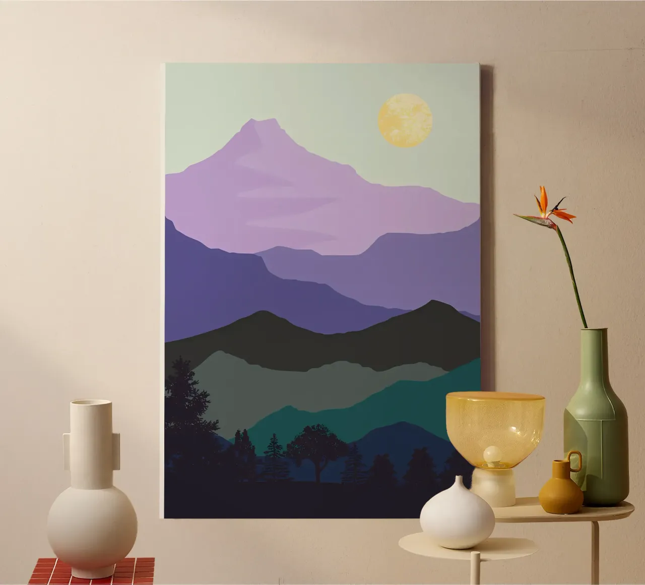 berg maan bomen nacht silhouet canvas met Baklijst van Dale Edward YoungJr