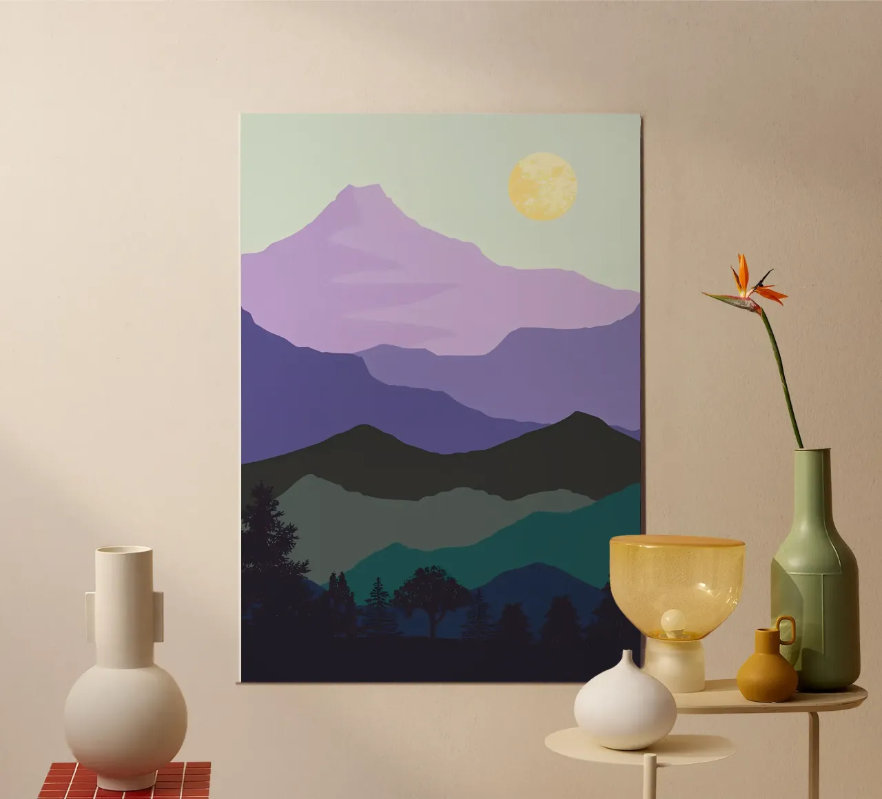 montagna luna alberi notte silhouette poster con telaio in legno da Dale Edward YoungJr