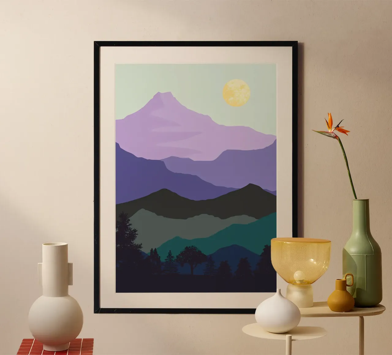 montagna luna alberi notte silhouette poster con telaio in legno da Dale Edward YoungJr