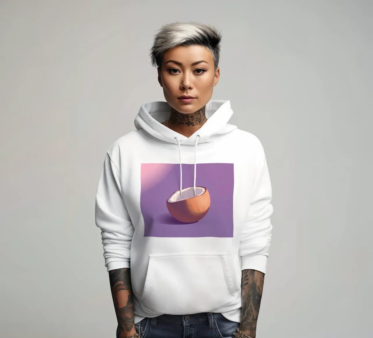 Mezza noce di cocco appoggiata su uno sfondo viola minimalista felpa con cappuccio da DesignDoodle