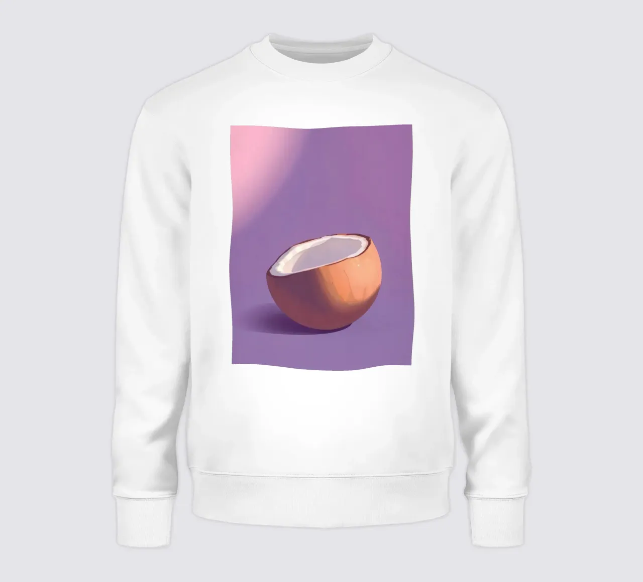 Moitié de noix de coco reposant sur un fond violet minimaliste sweat de DesignDoodle