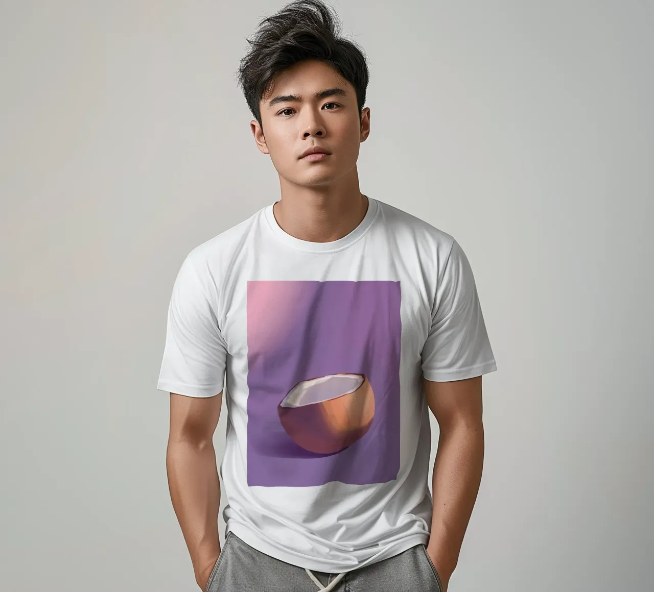 Moitié de noix de coco reposant sur un fond violet minimaliste t-shirt de DesignDoodle