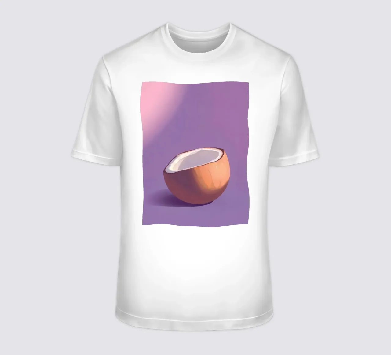 Moitié de noix de coco reposant sur un fond violet minimaliste t-shirt de DesignDoodle