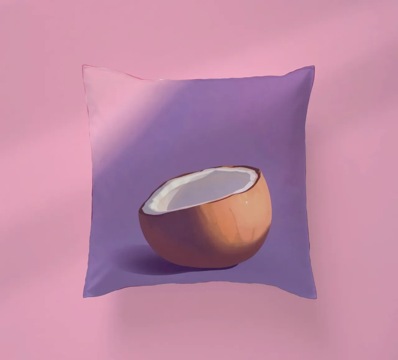 Coconut half resting on a minimalist purple background decorative cushion by DesignDoodle