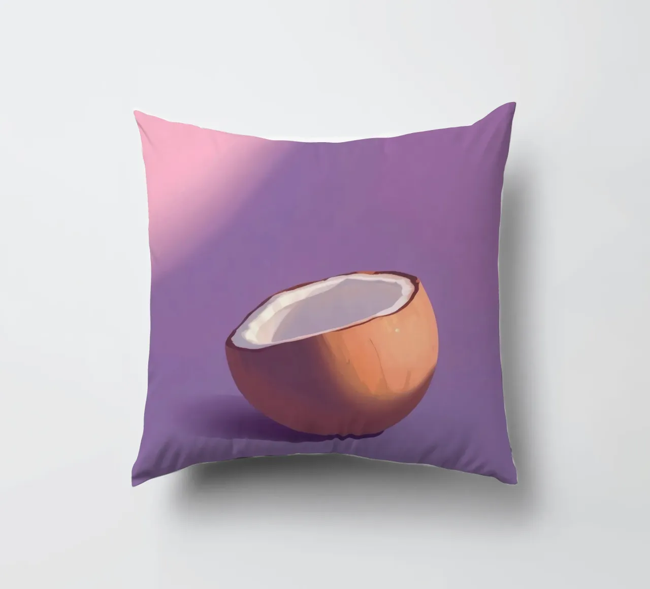 Coconut half resting on a minimalist purple background decorative cushion by DesignDoodle