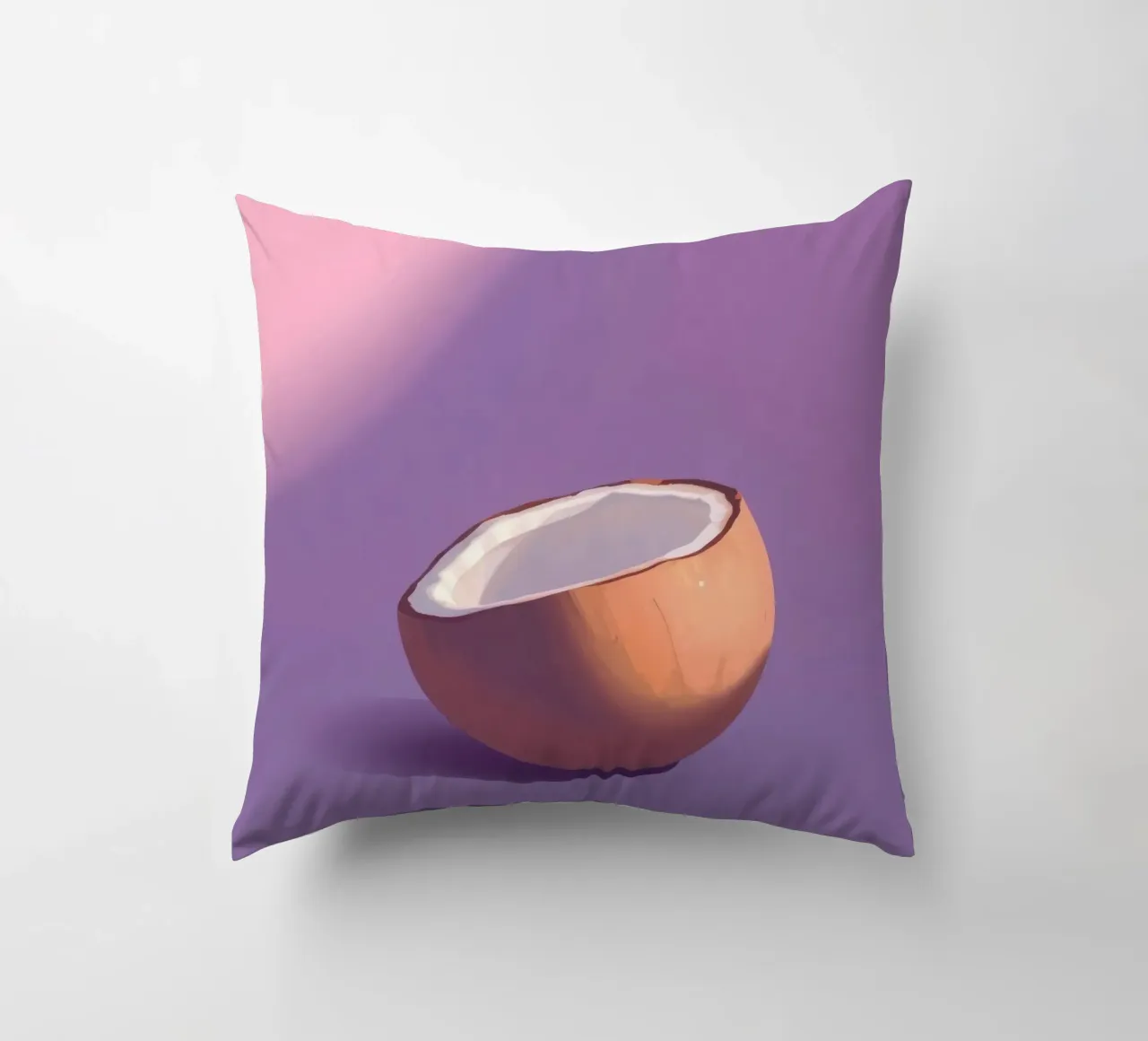 Coconut half resting on a minimalist purple background decorative cushion by DesignDoodle