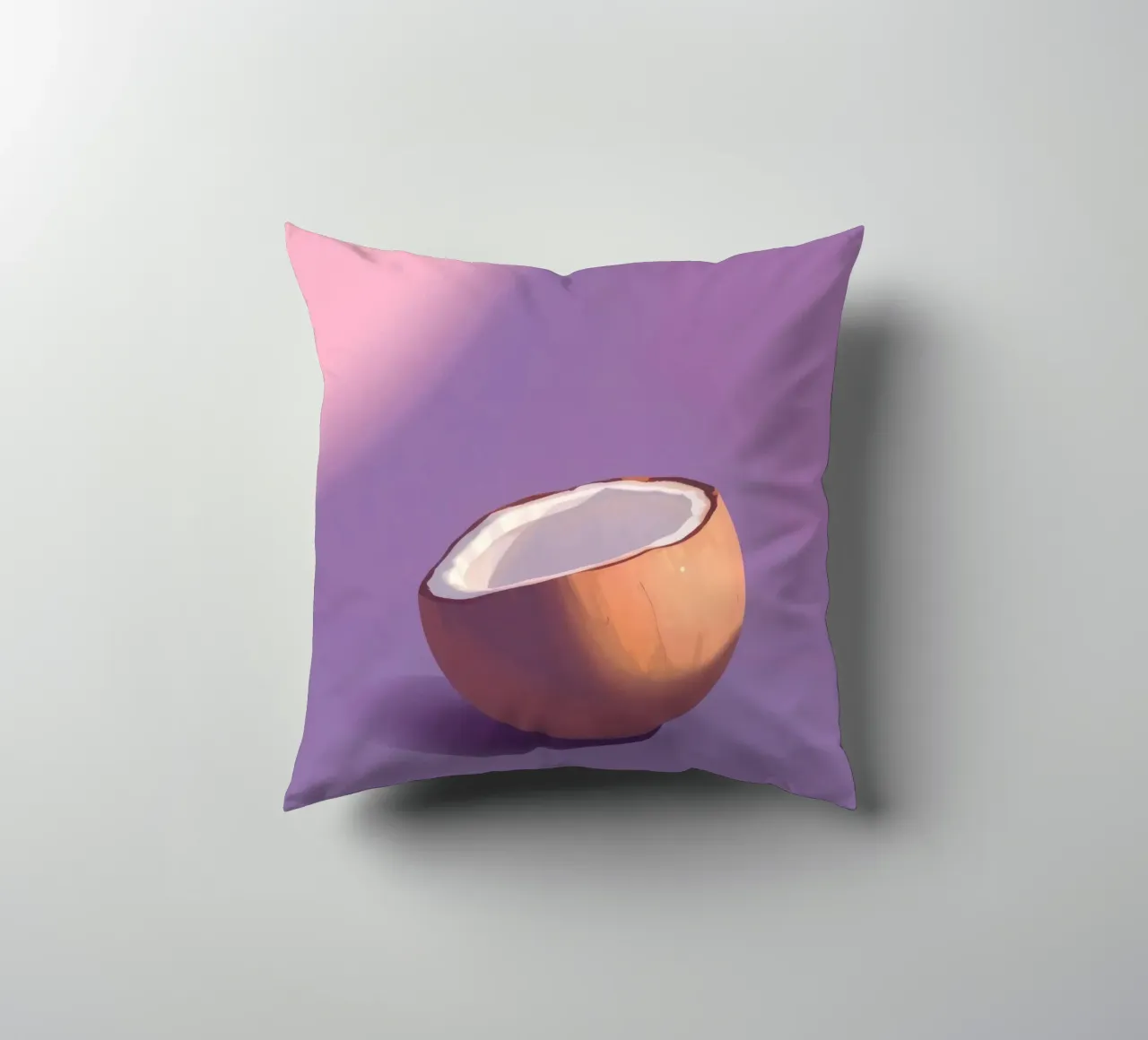 Coconut half resting on a minimalist purple background decorative cushion by DesignDoodle