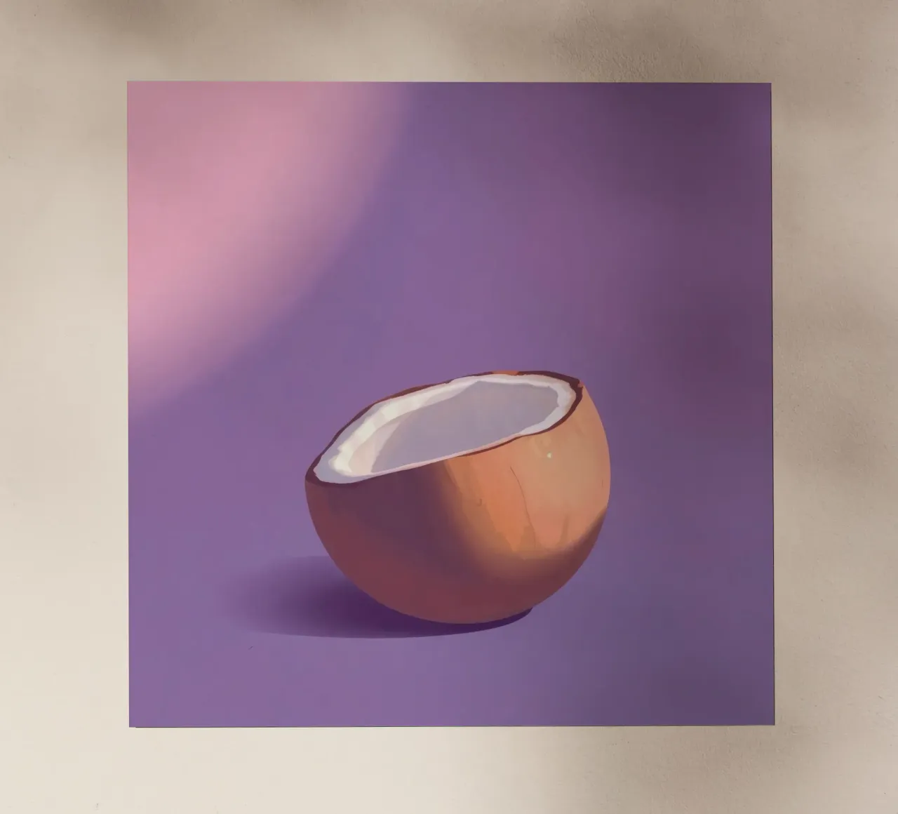 Mezza noce di cocco appoggiata su uno sfondo viola minimalista pellicola backlit da DesignDoodle