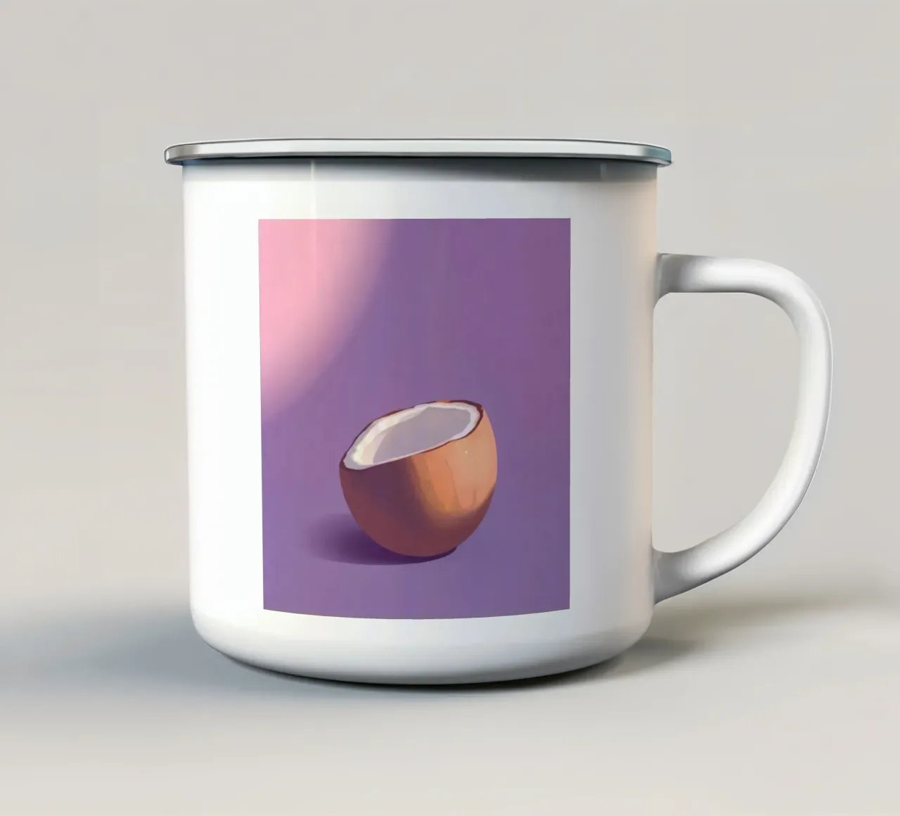 Mezza noce di cocco appoggiata su uno sfondo viola minimalista tazza in smalto da DesignDoodle