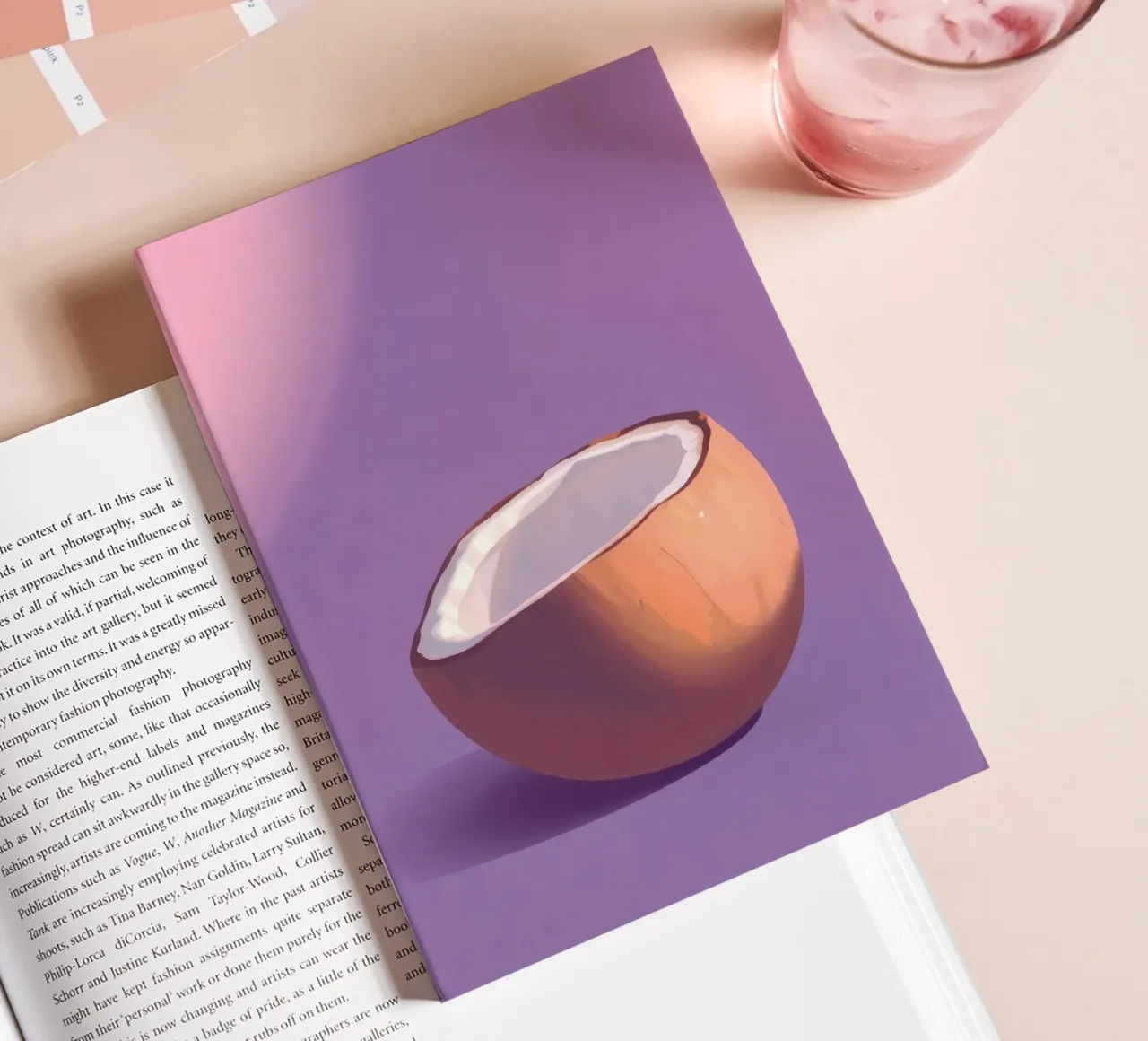 Coconut half resting on a minimalist purple background notebook by DesignDoodle