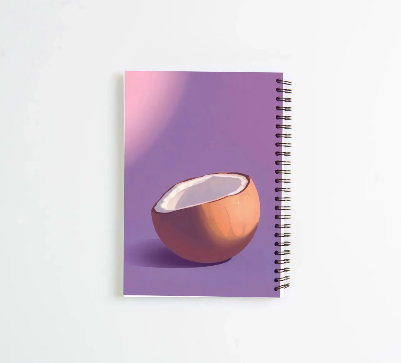 Coconut half resting on a minimalist purple background spiral notebook by DesignDoodle