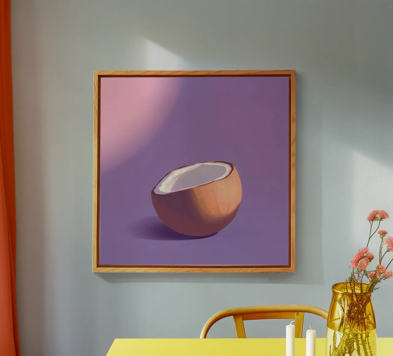 Moitié de noix de coco reposant sur un fond violet minimaliste plexiglas de DesignDoodle