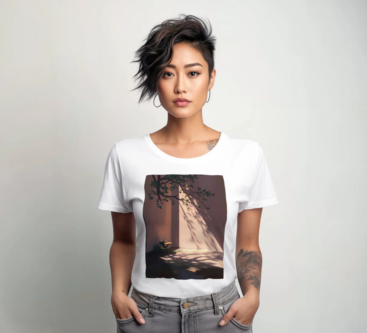 Rustige binnenplaats met zonlicht dat schaduwen werpt dames t-shirt getailleerd van DesignDoodle