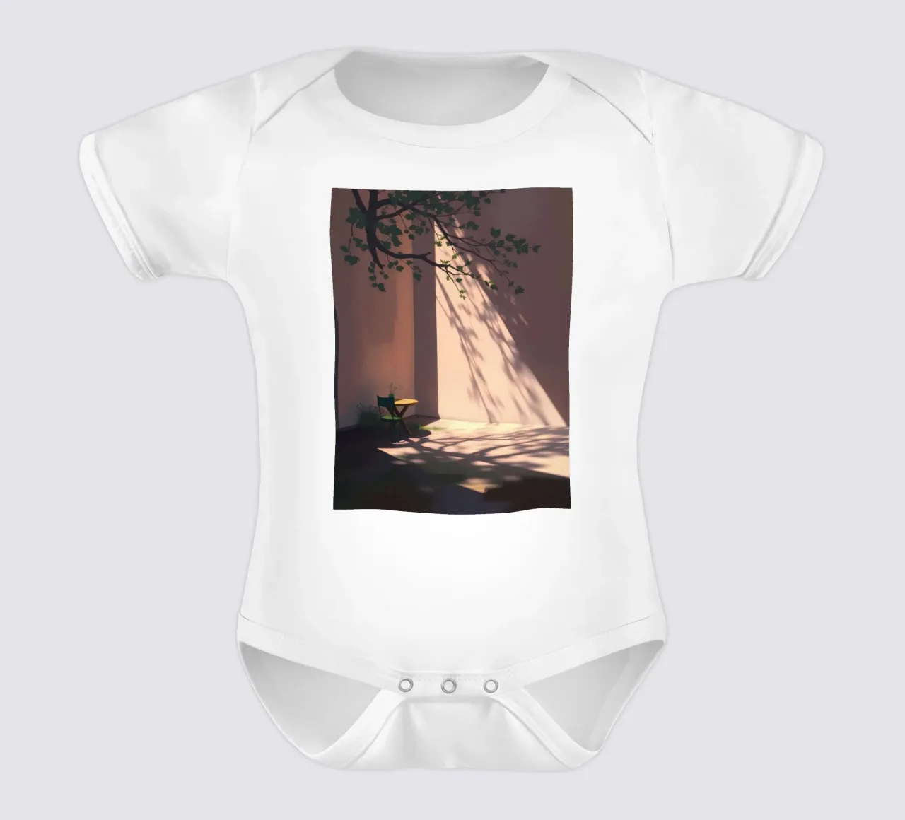 Tranquil courtyard with sunlight casting shadows short-sleeve baby romper by DesignDoodle