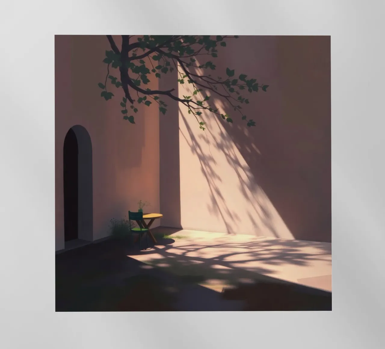 Rustige binnenplaats met zonlicht dat schaduwen werpt backlit folie van DesignDoodle