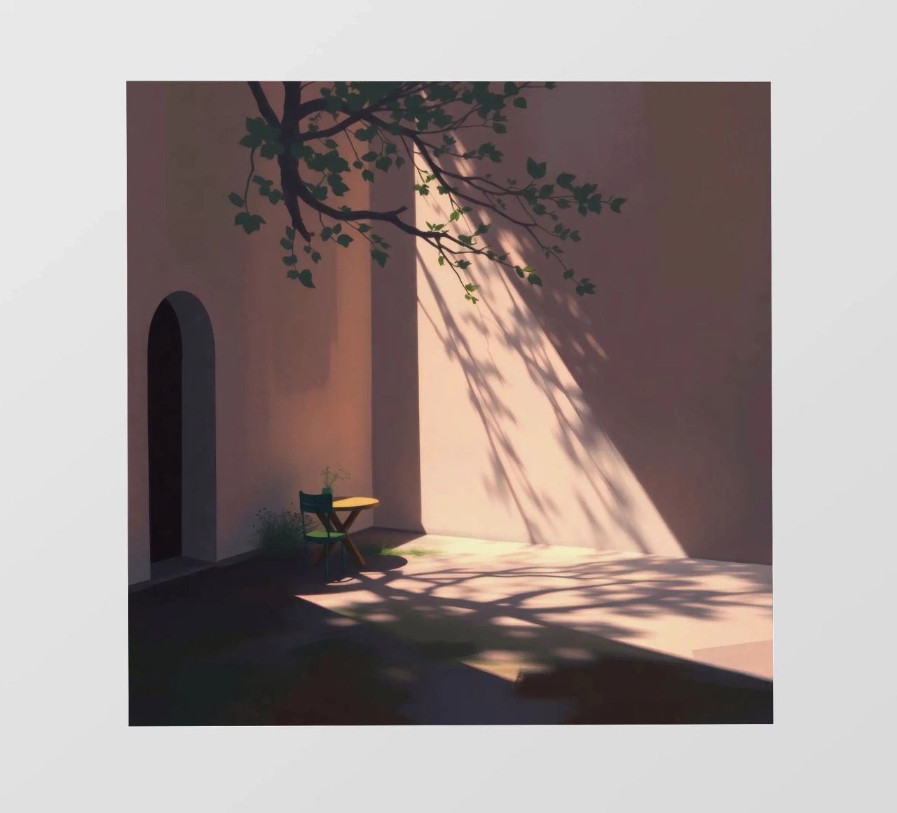 Rustige binnenplaats met zonlicht dat schaduwen werpt backlit folie van DesignDoodle