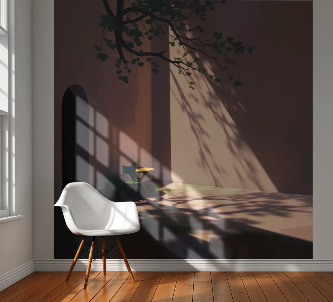 Rustige binnenplaats met zonlicht dat schaduwen werpt fotobehang van DesignDoodle