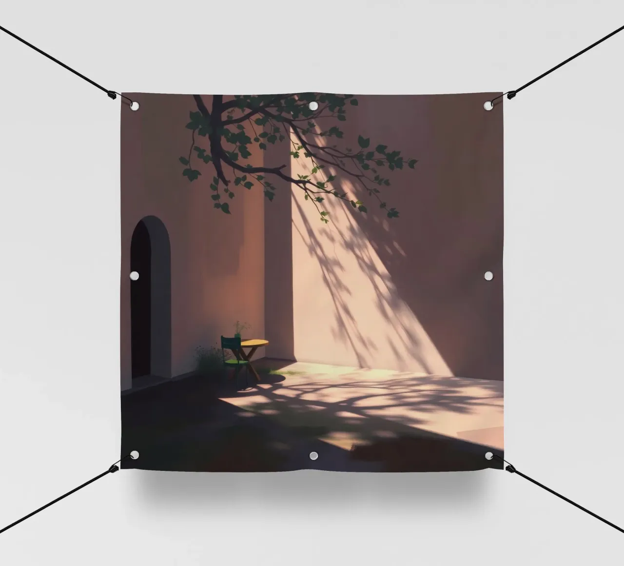 Cortile tranquillo con la luce del sole che proietta le ombre telo in pvc da DesignDoodle