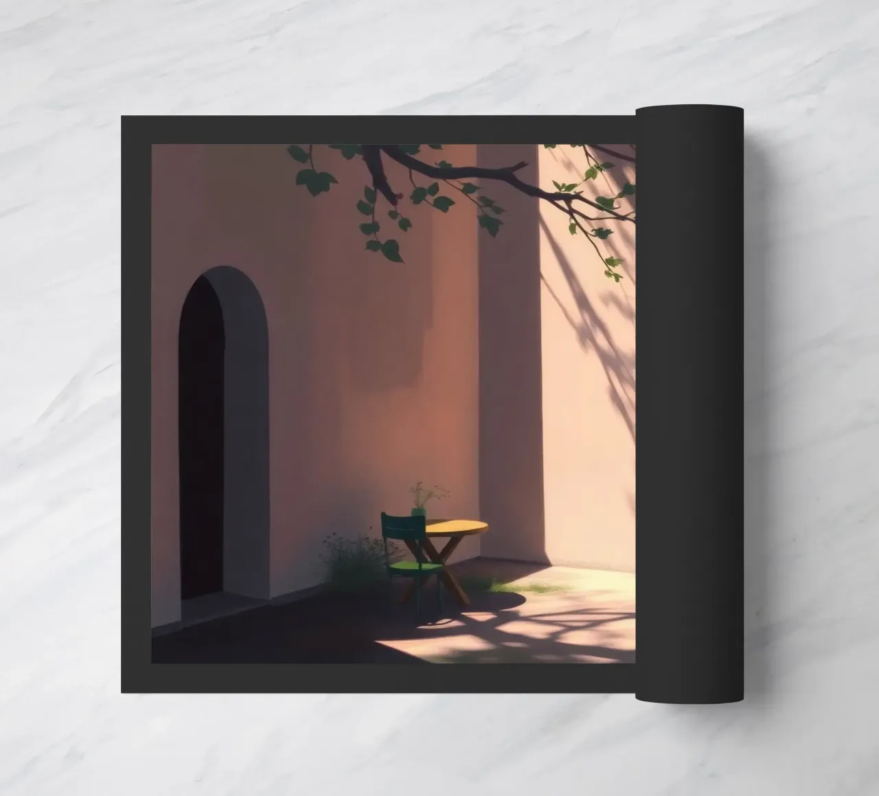 Rustige binnenplaats met zonlicht dat schaduwen werpt deurmat van DesignDoodle