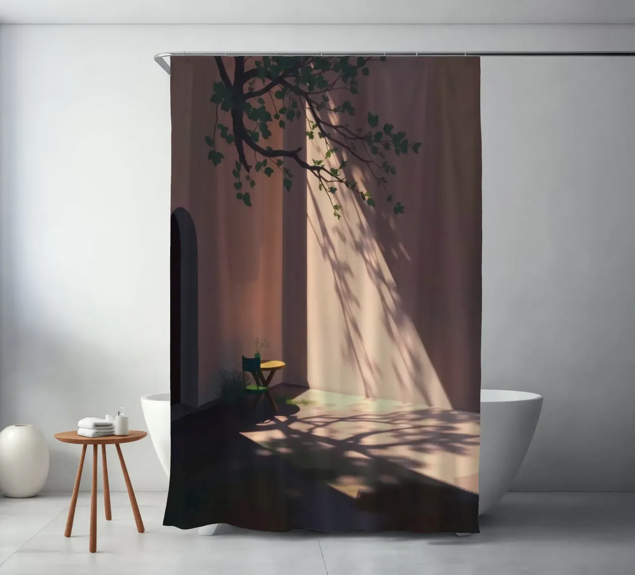 Rustige binnenplaats met zonlicht dat schaduwen werpt douchegordijn van DesignDoodle