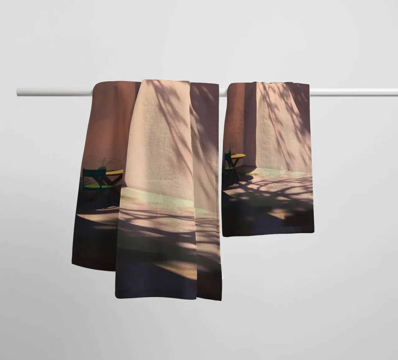 Tranquil courtyard with sunlight casting shadows towel by DesignDoodle