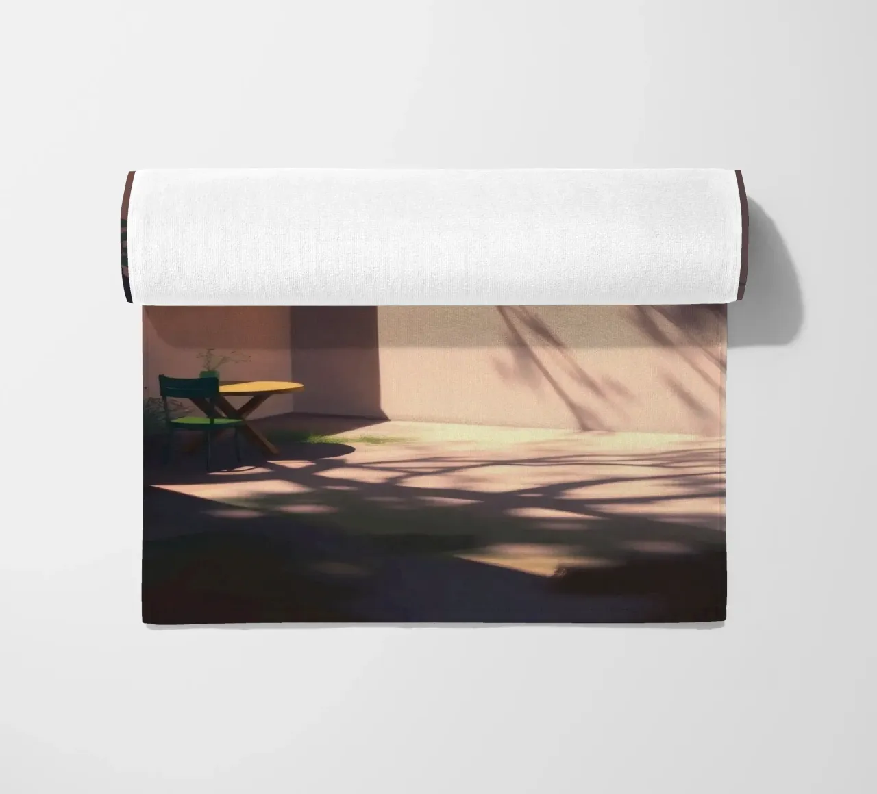 Tranquil courtyard with sunlight casting shadows beach towel by DesignDoodle