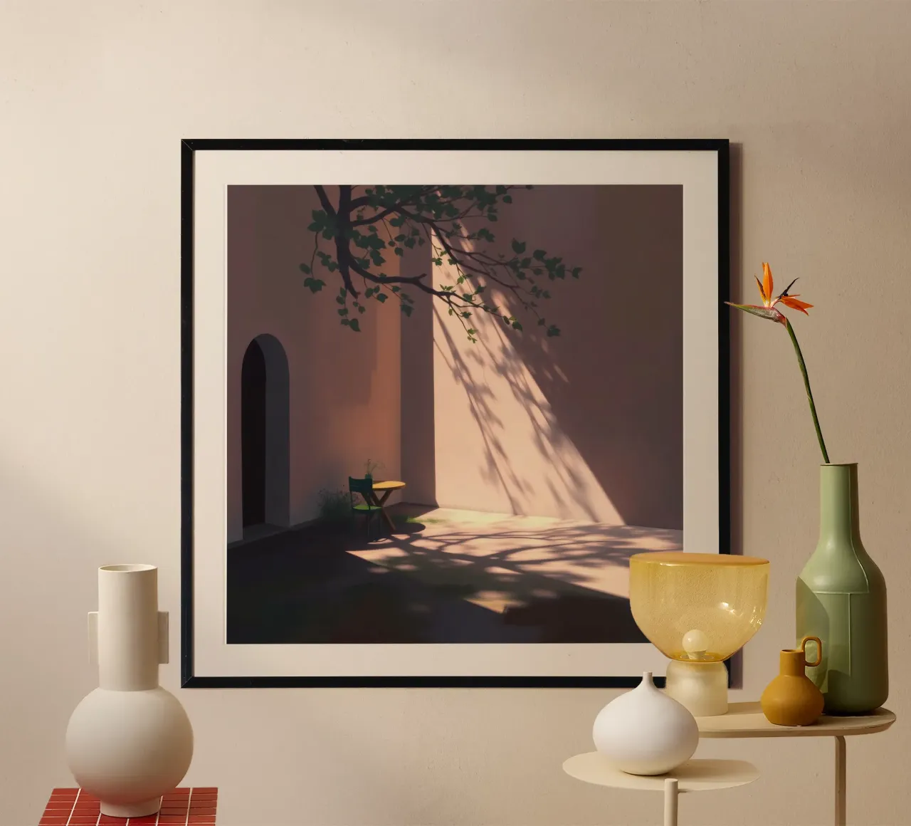 Rustige binnenplaats met zonlicht dat schaduwen werpt poster van DesignDoodle