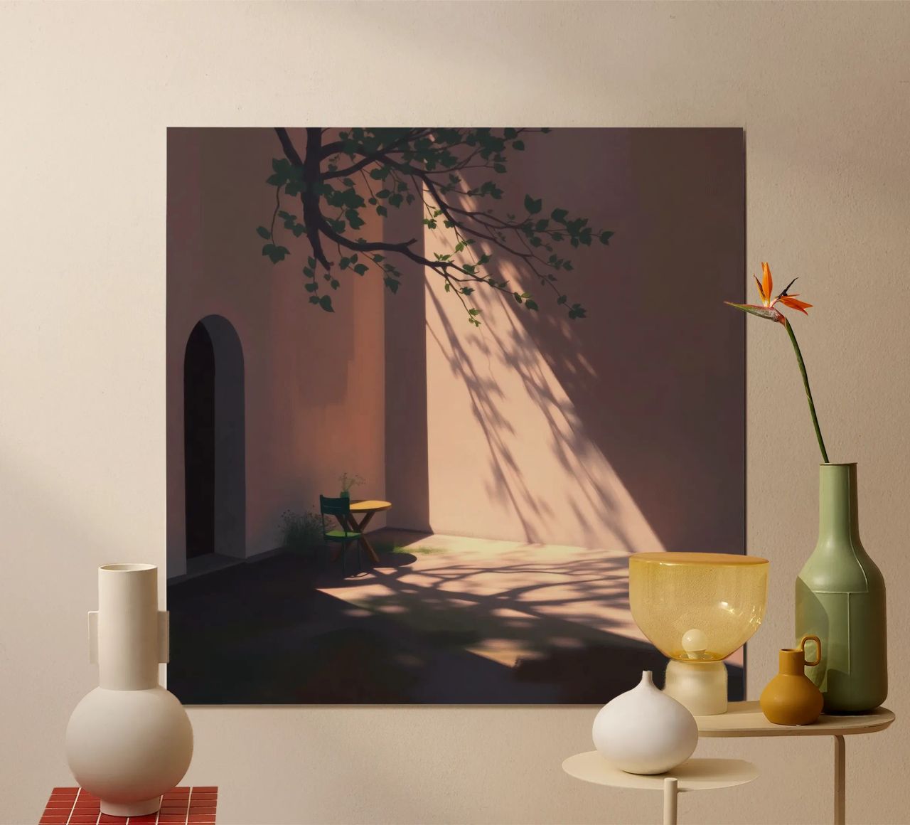 Rustige binnenplaats met zonlicht dat schaduwen werpt poster van DesignDoodle