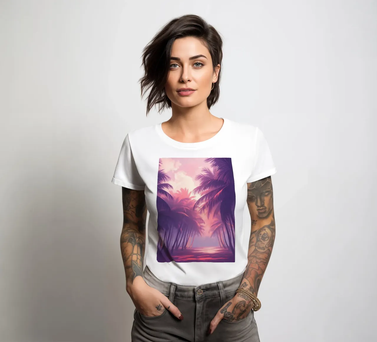 Sunset view of palm trees along serene water at twilight women's fitted t-shirt by DesignDoodle