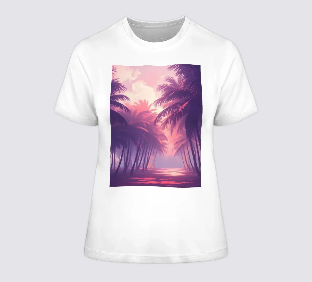 Sunset view of palm trees along serene water at twilight women's fitted t-shirt by DesignDoodle