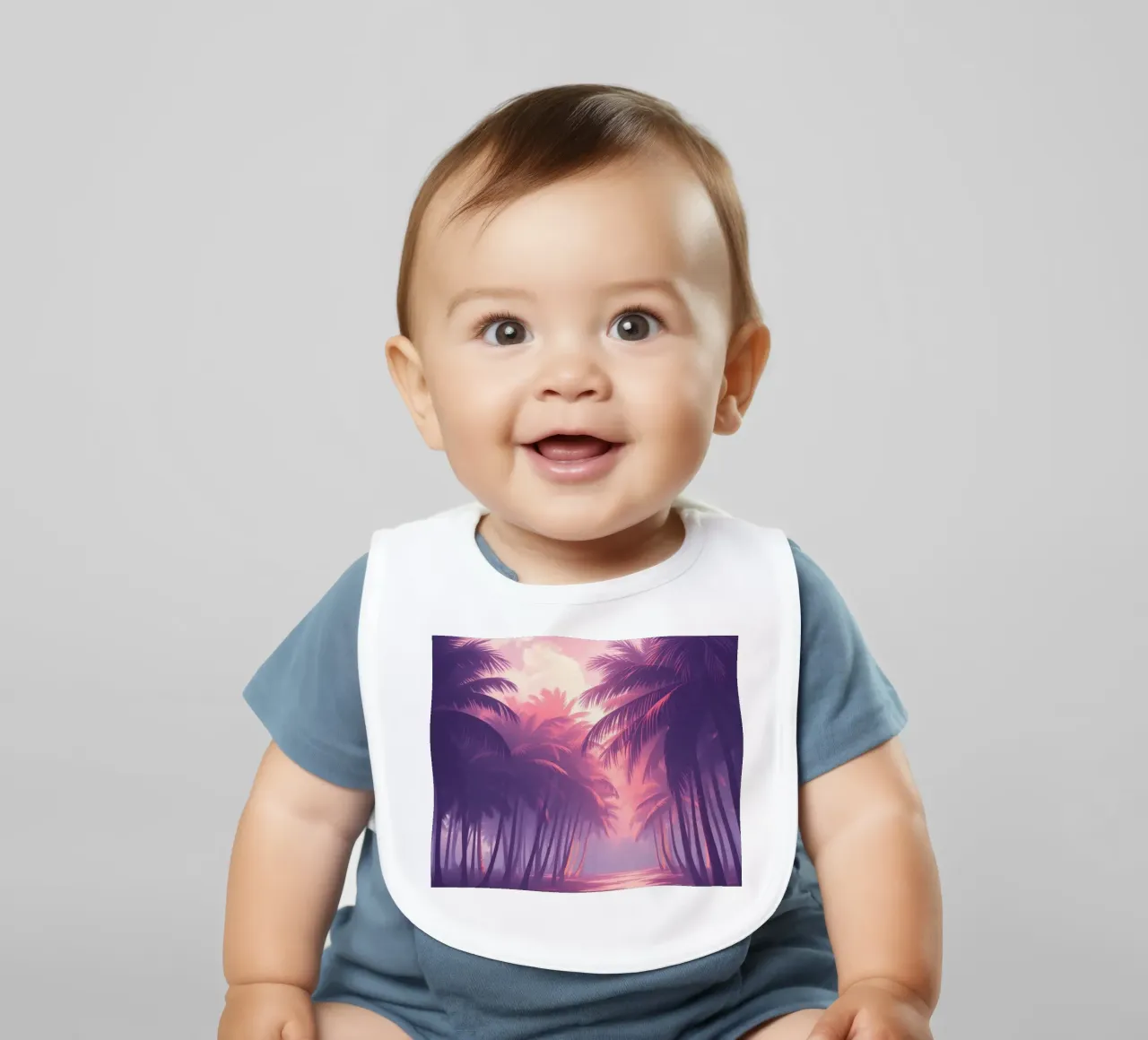 Sunset view of palm trees along serene water at twilight baby bib by DesignDoodle