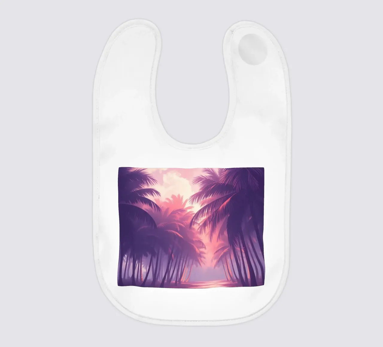 Sunset view of palm trees along serene water at twilight baby bib by DesignDoodle