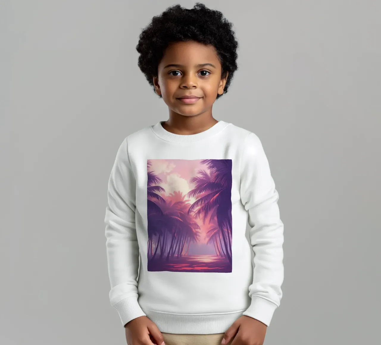 Zonsondergang met palmbomen langs sereen water in de schemering kinder sweatshirt van DesignDoodle