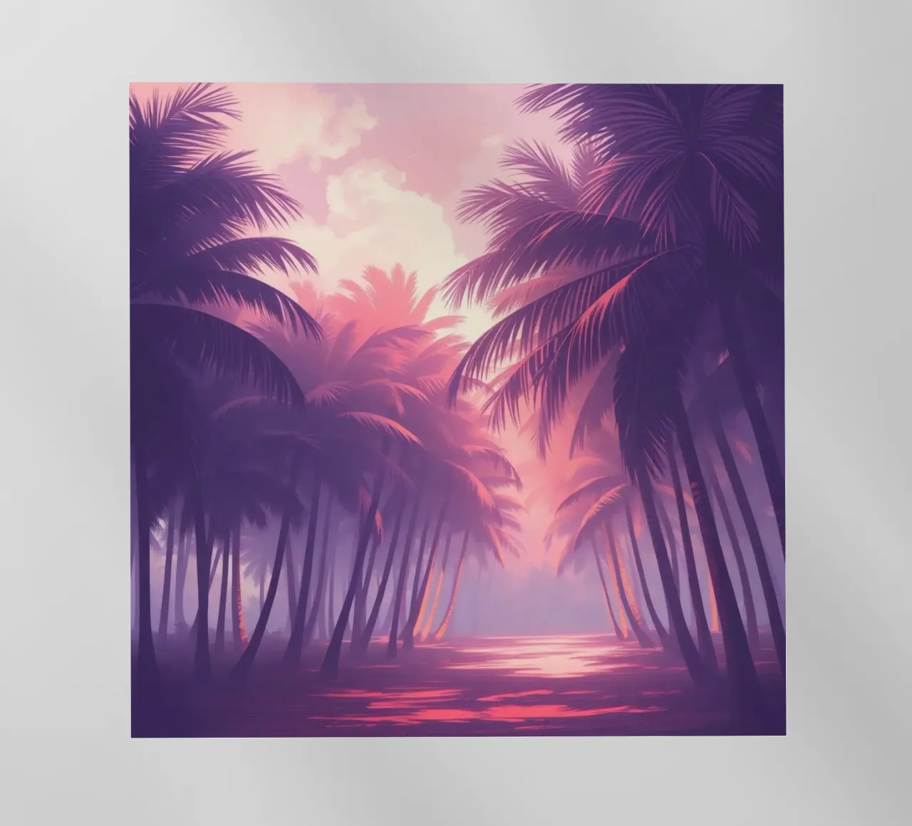 Zonsondergang met palmbomen langs sereen water in de schemering backlit folie van DesignDoodle