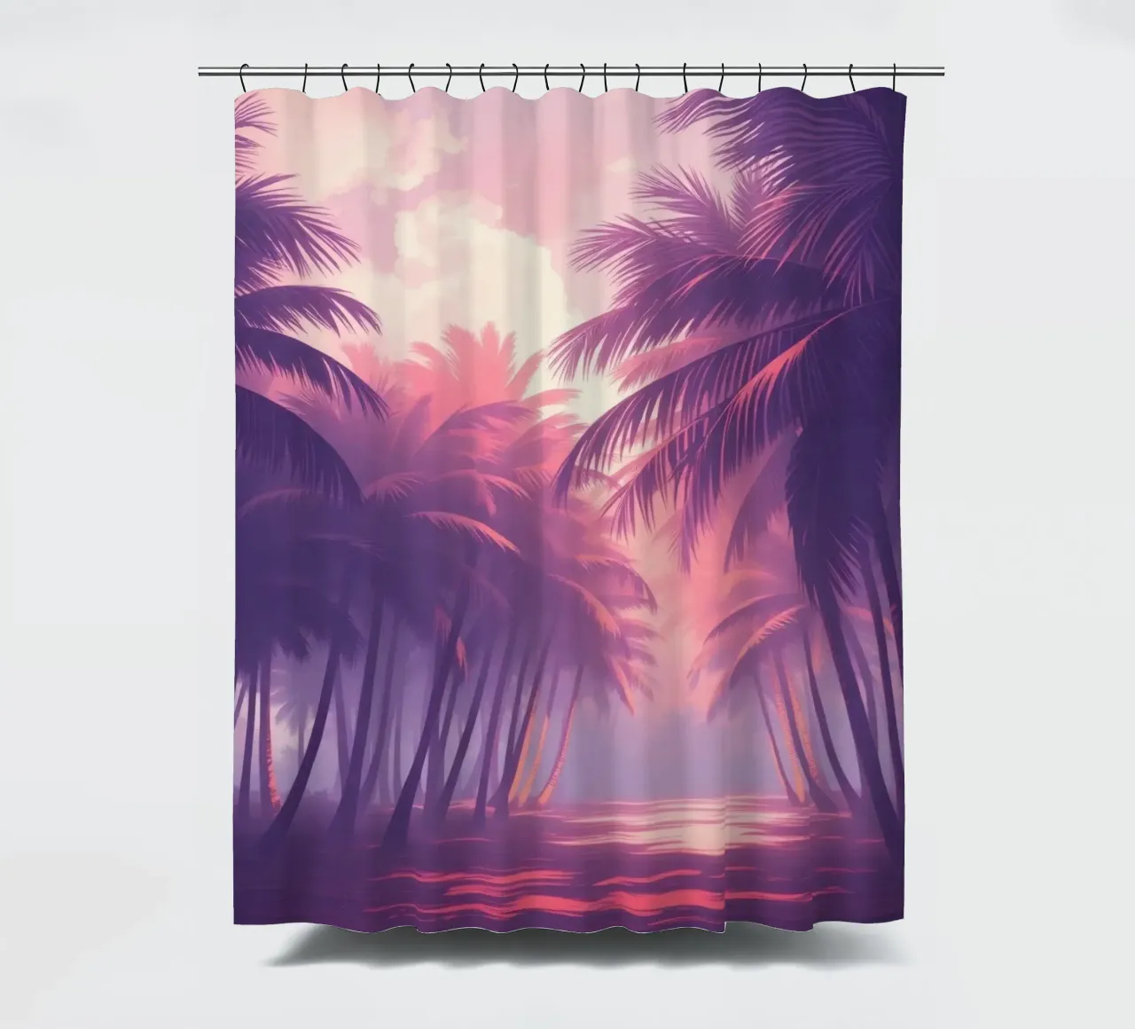Zonsondergang met palmbomen langs sereen water in de schemering douchegordijn van DesignDoodle