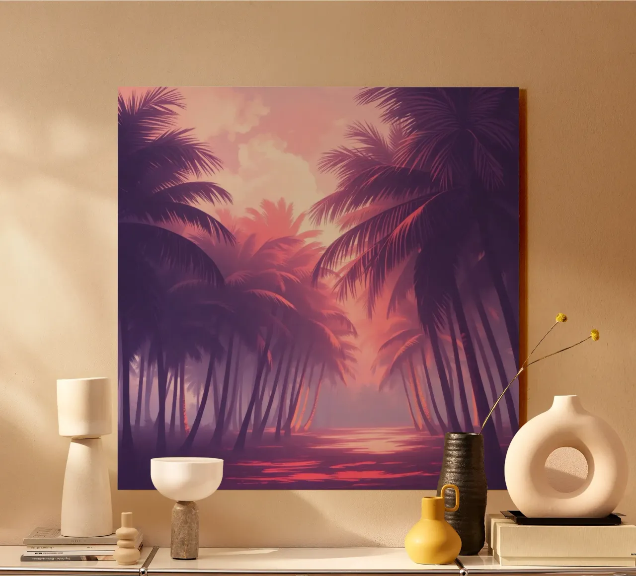 Sunset view of palm trees along serene water at twilight alu-dibond by DesignDoodle