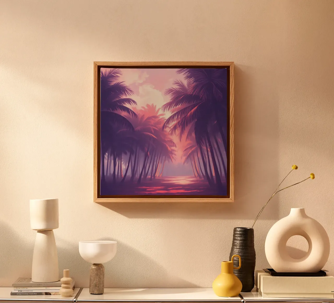 Sonnenuntergang Blick auf Palmen entlang ruhigen Wasser in der Abenddämmerung Leinwand von DesignDoodle
