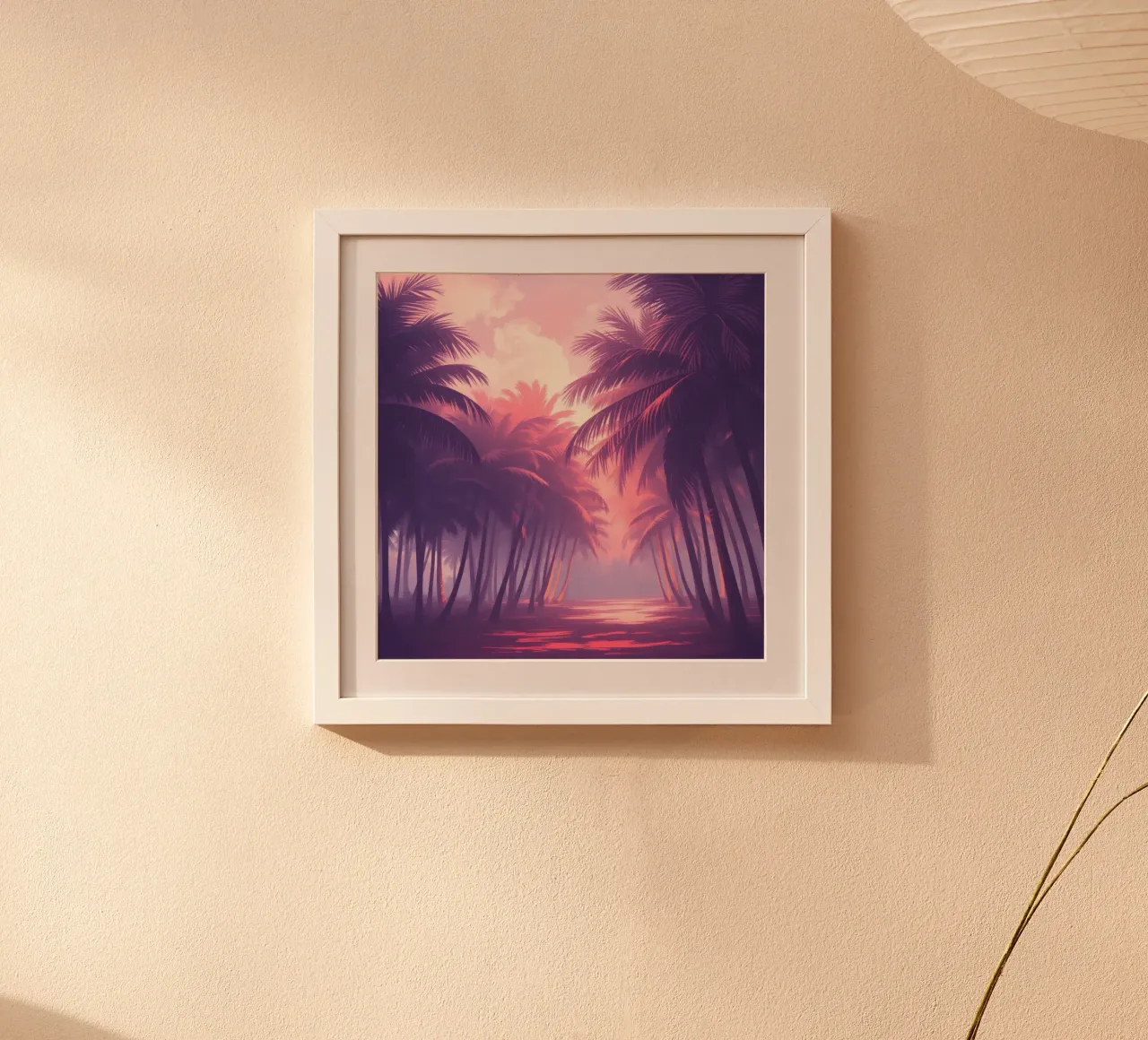 Vista al tramonto di palme lungo l'acqua serena al crepuscolo carta hahnemühle da DesignDoodle