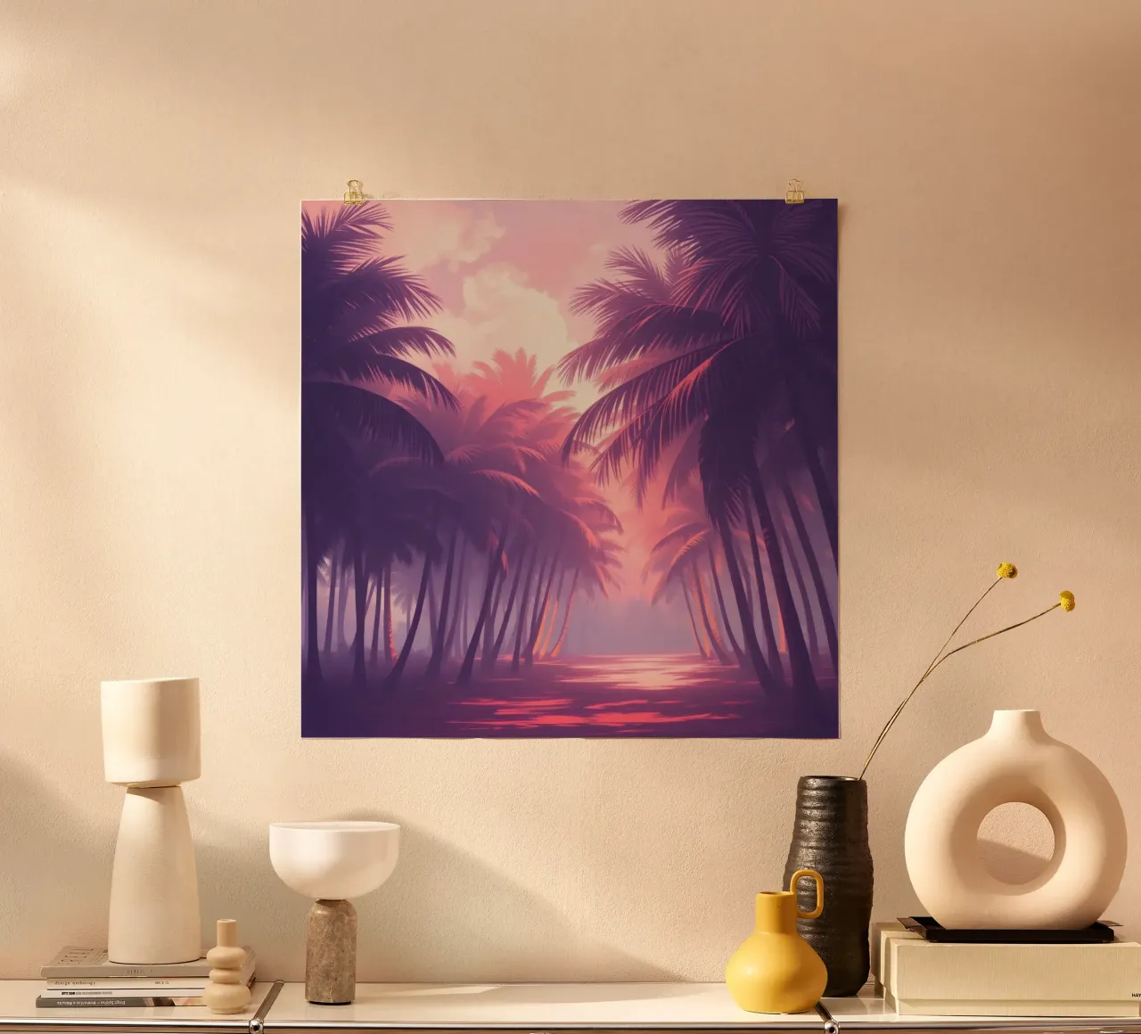 Vista al tramonto di palme lungo l'acqua serena al crepuscolo carta hahnemühle da DesignDoodle