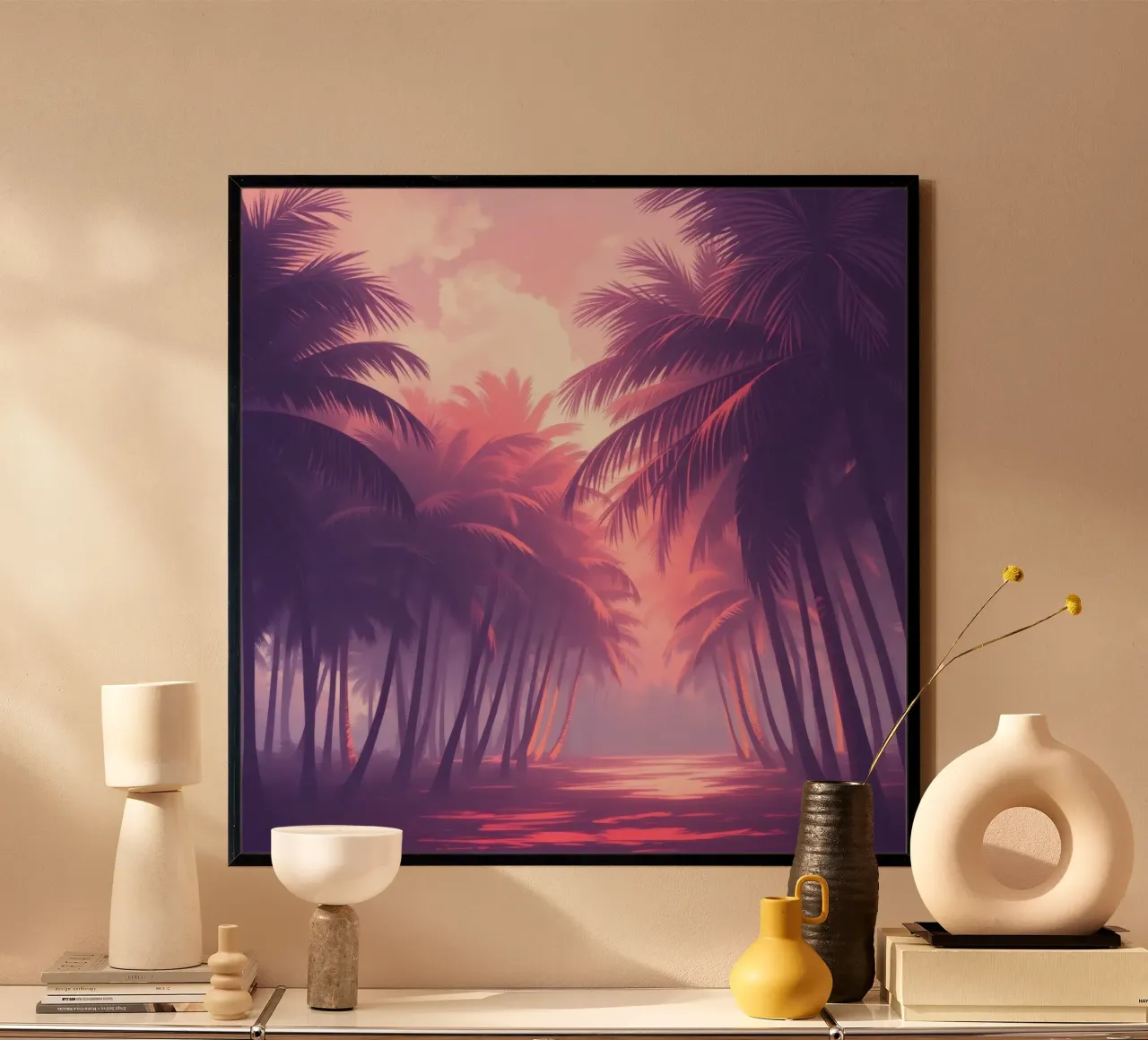 Zonsondergang met palmbomen langs sereen water in de schemering hahnemühle van DesignDoodle