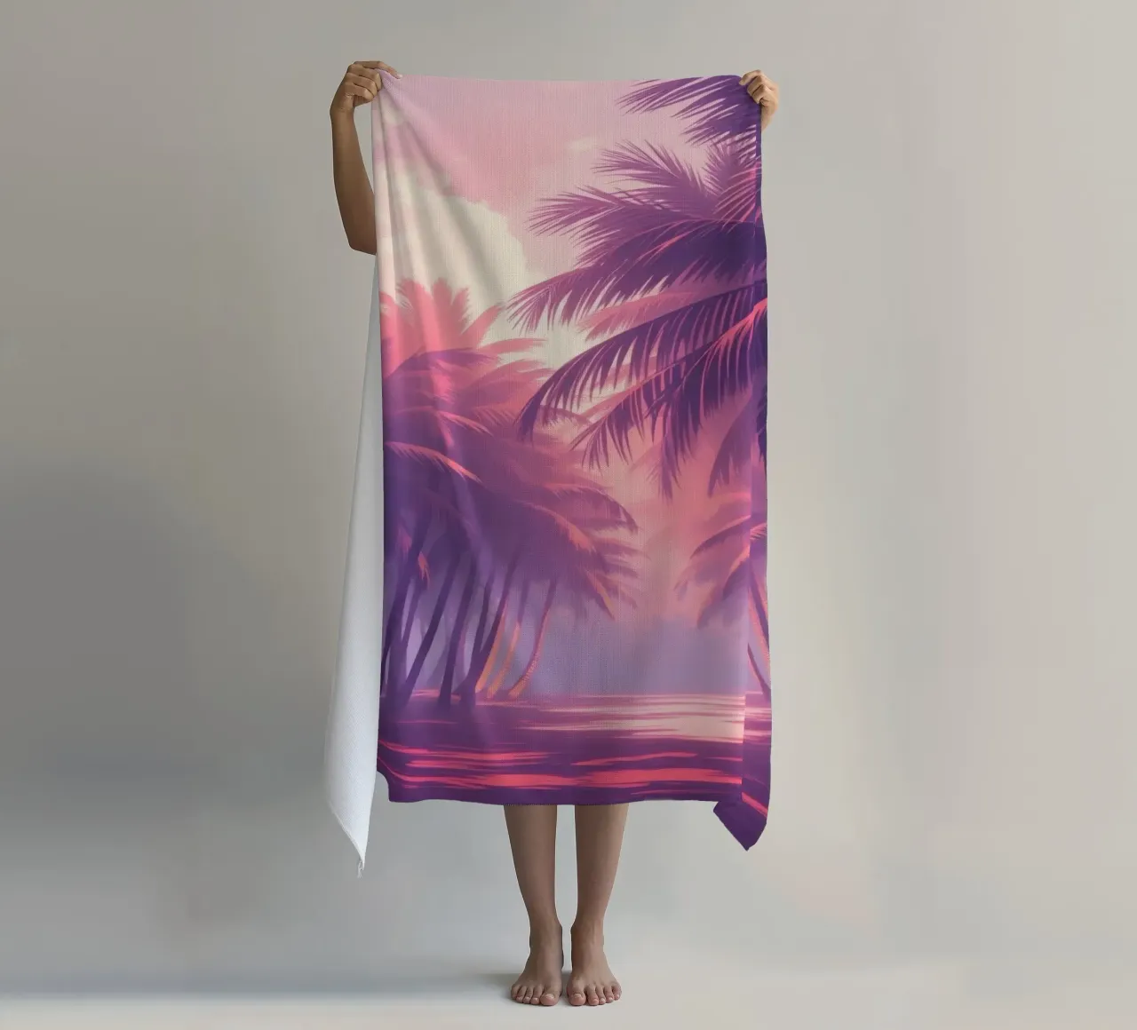Sunset view of palm trees along serene water at twilight beach towel by DesignDoodle