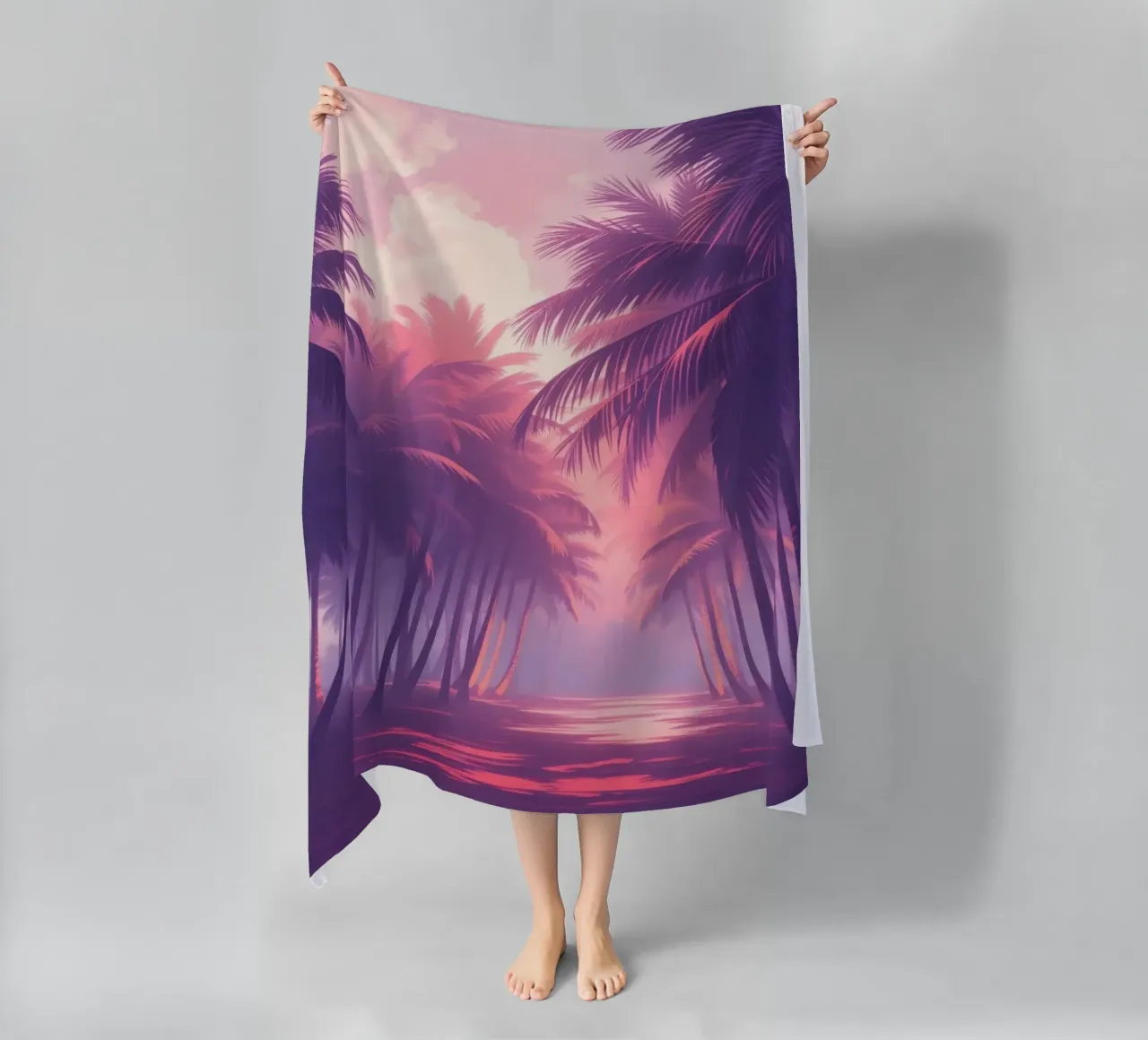 Sunset view of palm trees along serene water at twilight beach towel by DesignDoodle