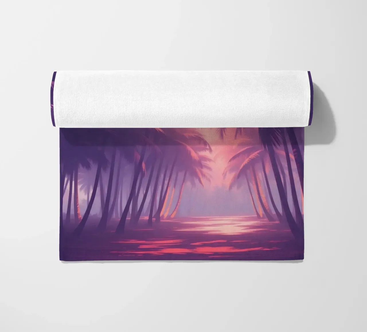Sunset view of palm trees along serene water at twilight beach towel by DesignDoodle