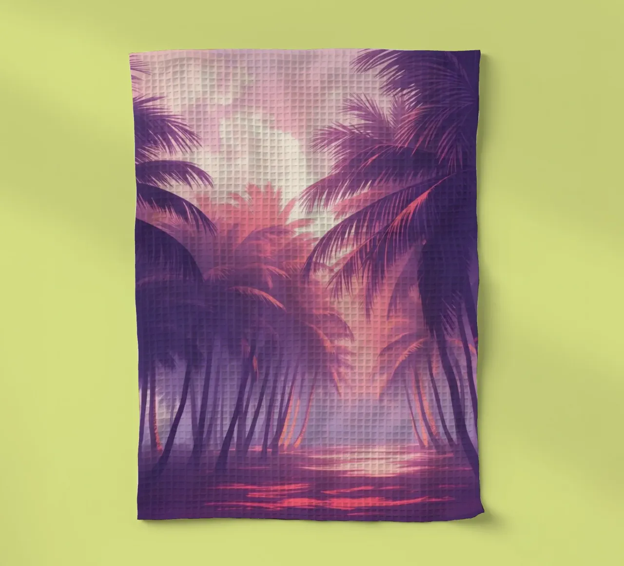 Zonsondergang met palmbomen langs sereen water in de schemering theedoek van DesignDoodle