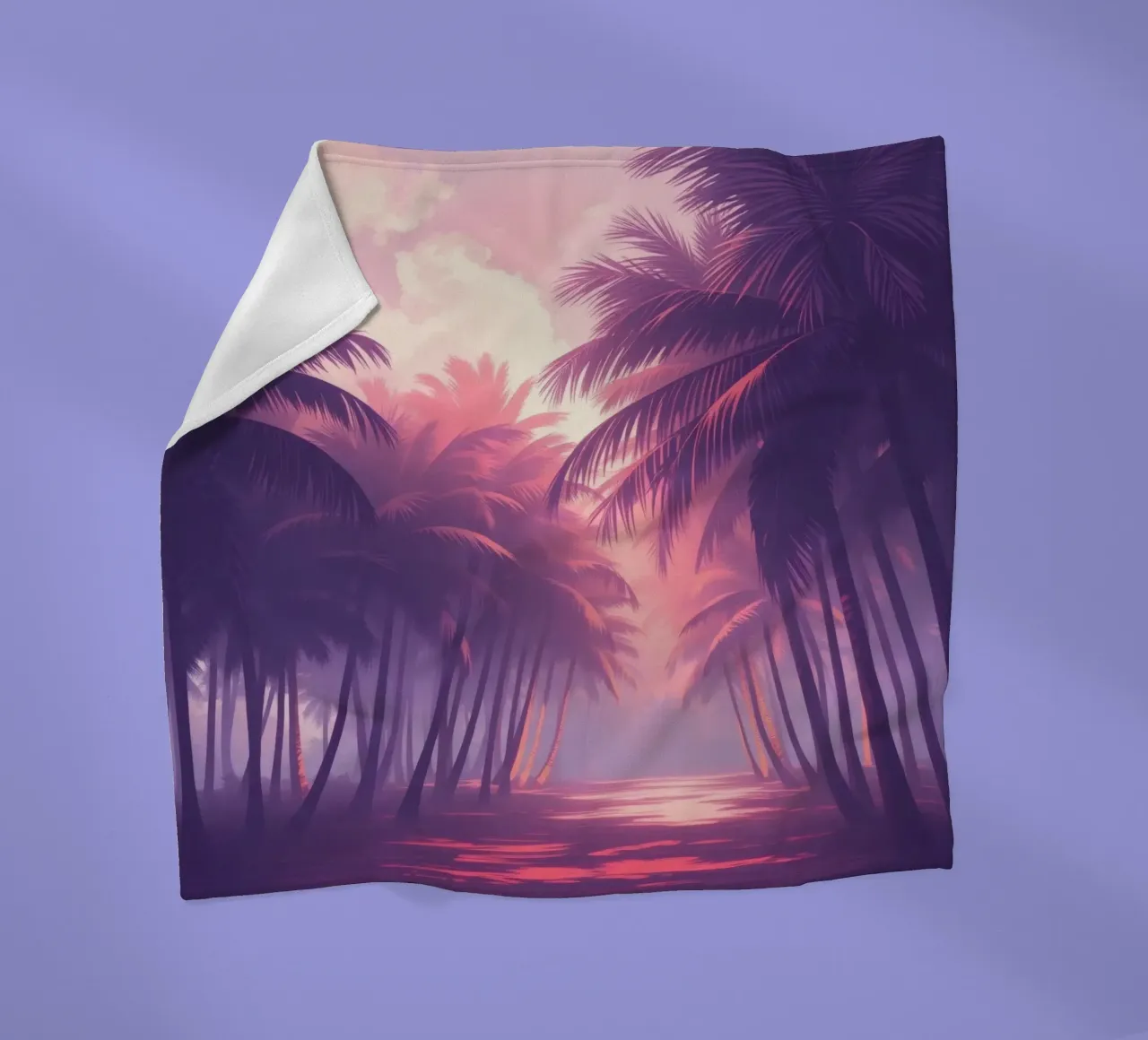 Zonsondergang met palmbomen langs sereen water in de schemering fleecedeken van DesignDoodle
